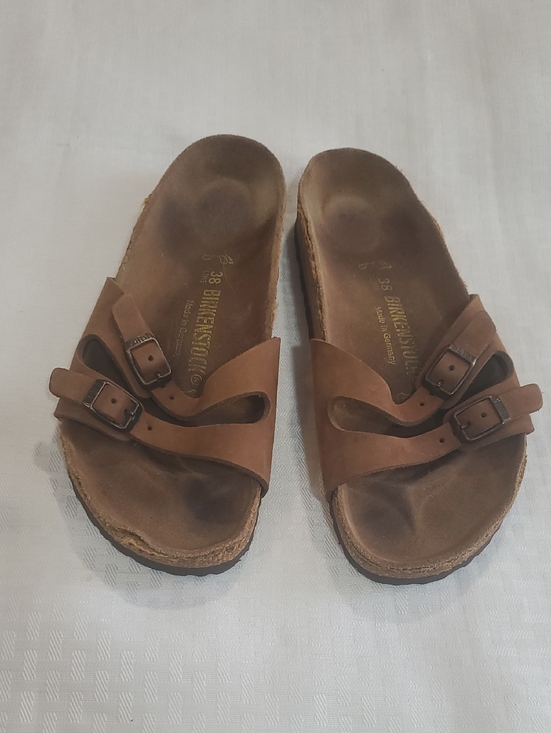 Birkenstock Shoes - Birkenstock Brown Double Buckle Slide Sandals